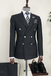 Black Striped Double Breasted Peaked Lapel Business Suit